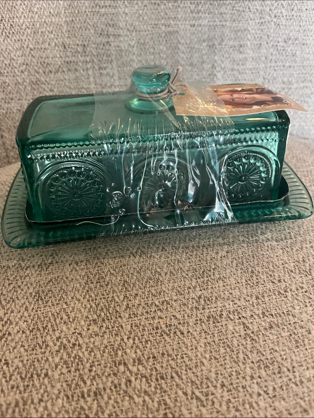 Pioneer Woman Adeline Teal embossed glass butter dish NEW in sealed packaging
